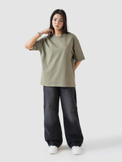 GROOVY muted olive oversized t-shirt, embroidered logo, Pakistan
