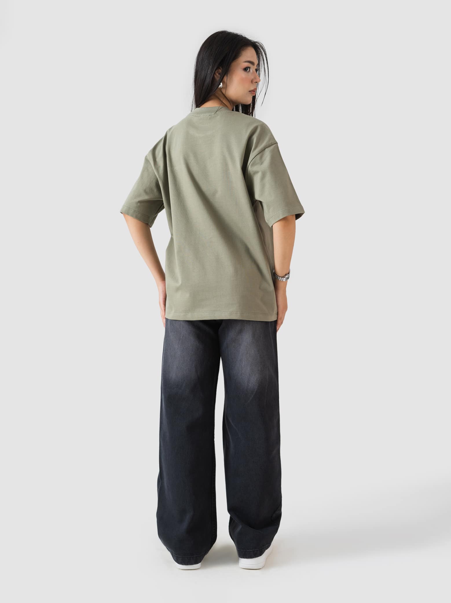 muted olive oversized t-shirt from GROOVY, embroidered logo, made in Pakistan