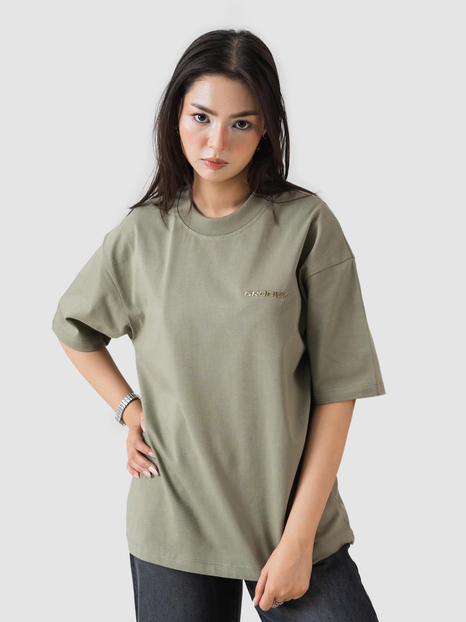 muted olive oversized t-shirt by GROOVY Pakistan, embroidered logo