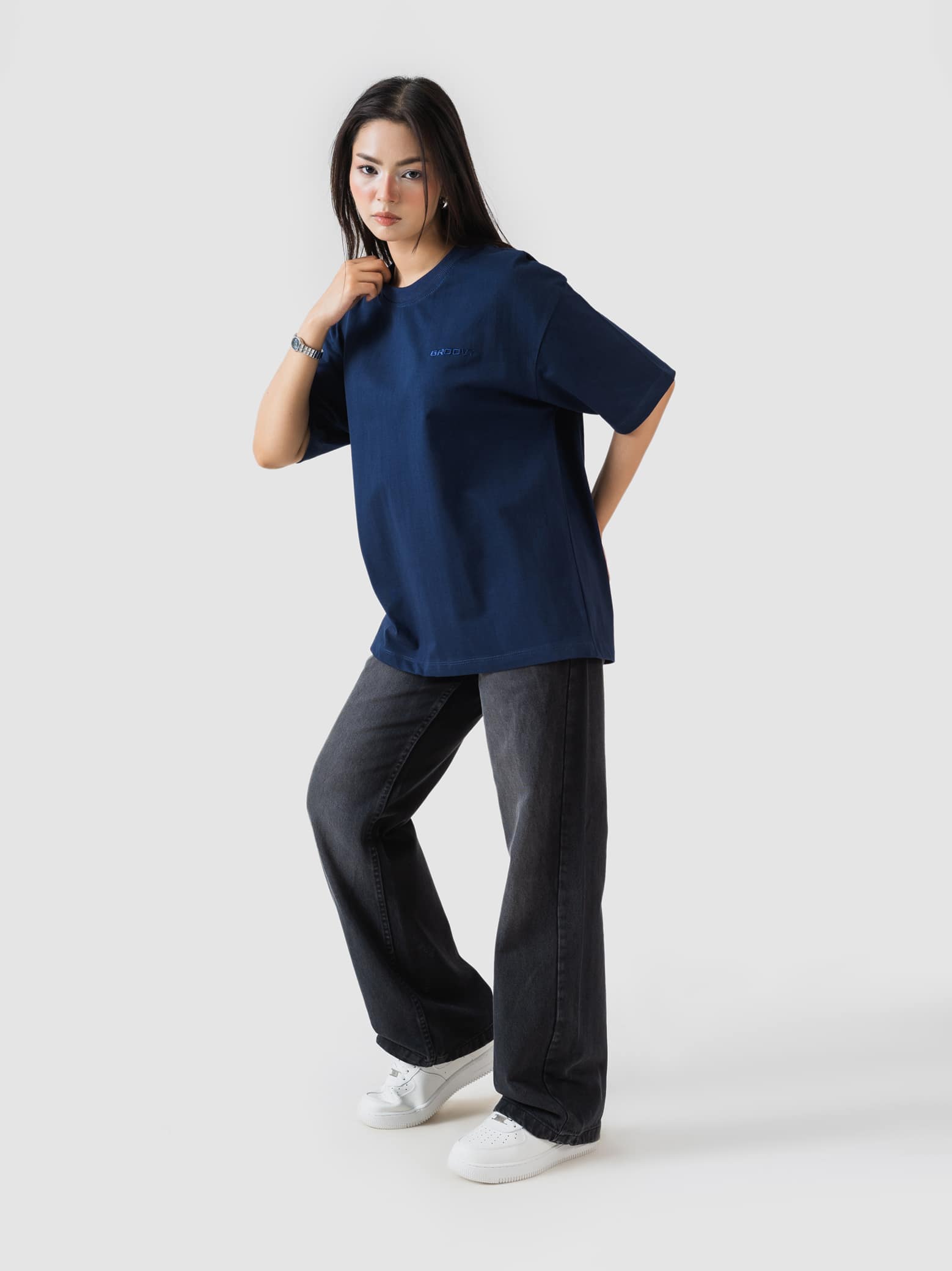 deep blue oversized t-shirt by GROOVY, embroidered logo, Pakistan