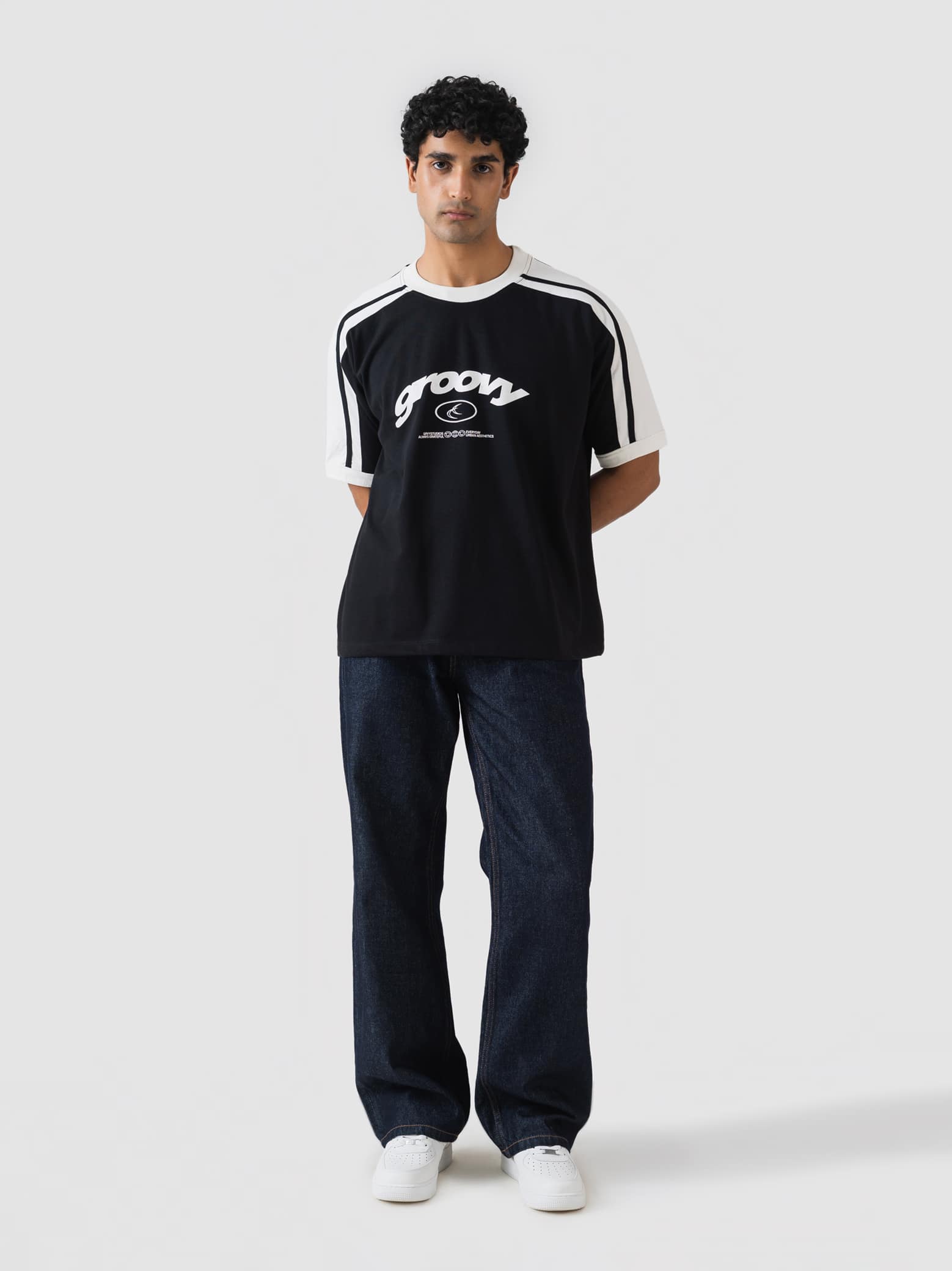 black ringer t-shirt from GROOVY, contrast trim, made in Pakistan