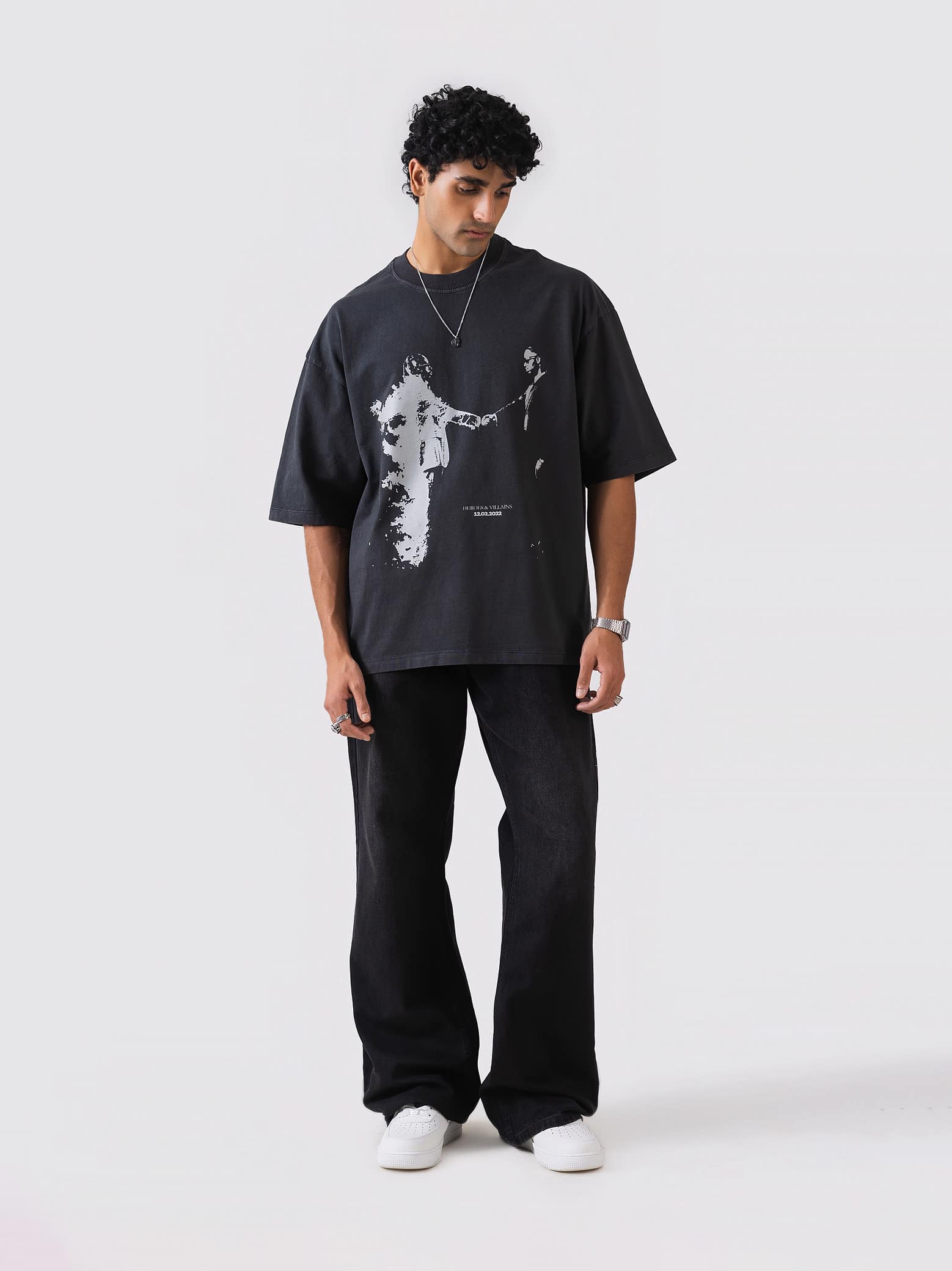 black oversized t-shirt by GROOVY, photographic graphic print, Pakistan