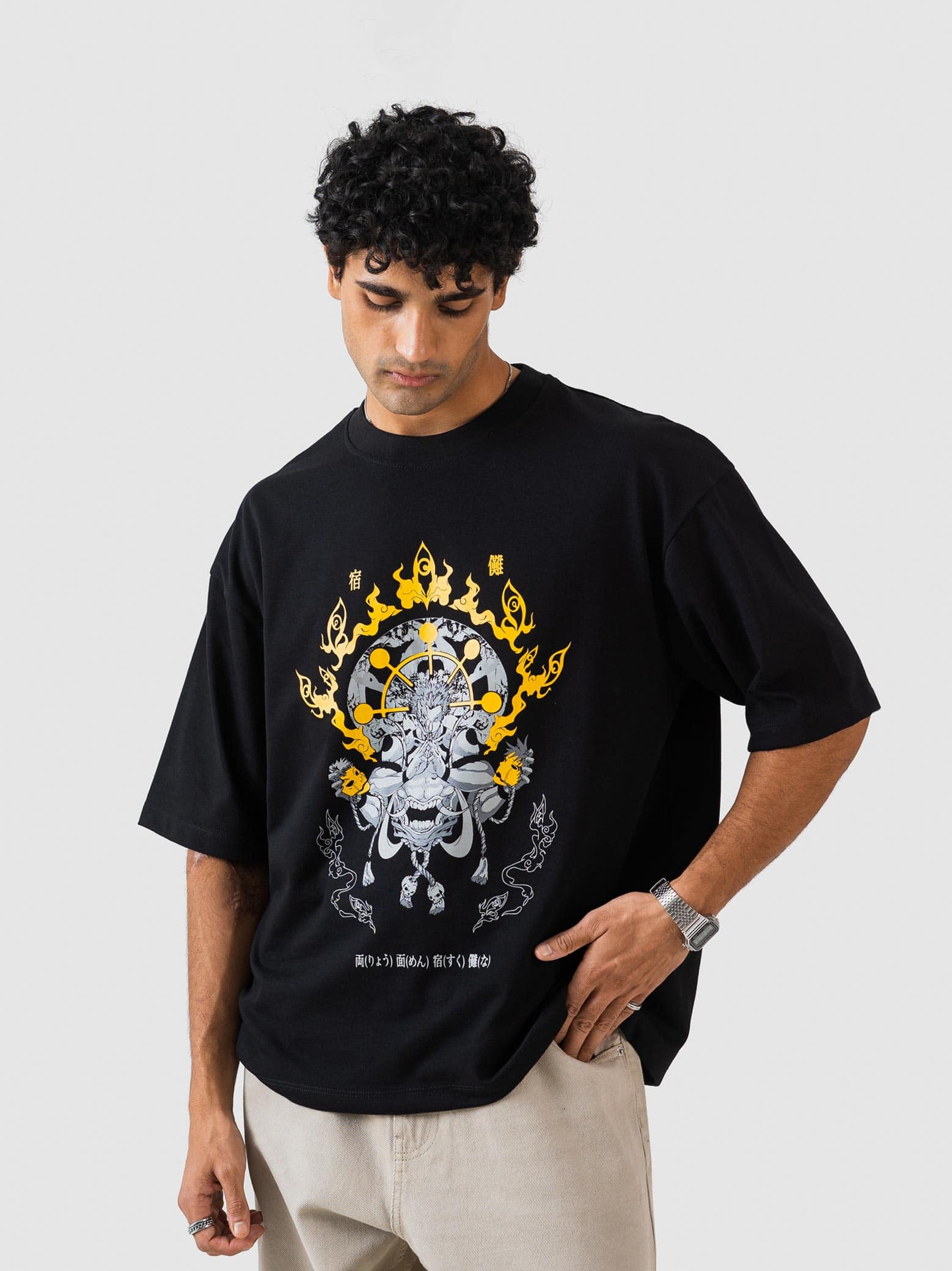 GROOVY black oversized t-shirt, flame skull graphic, Pakistan