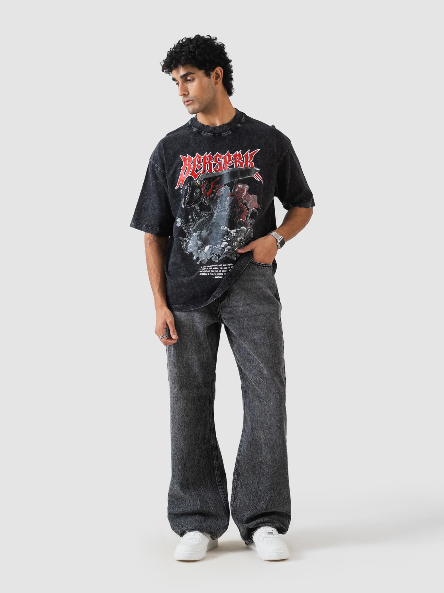 GROOVY streetwear oversized t-shirt, washed black, warrior graphic print