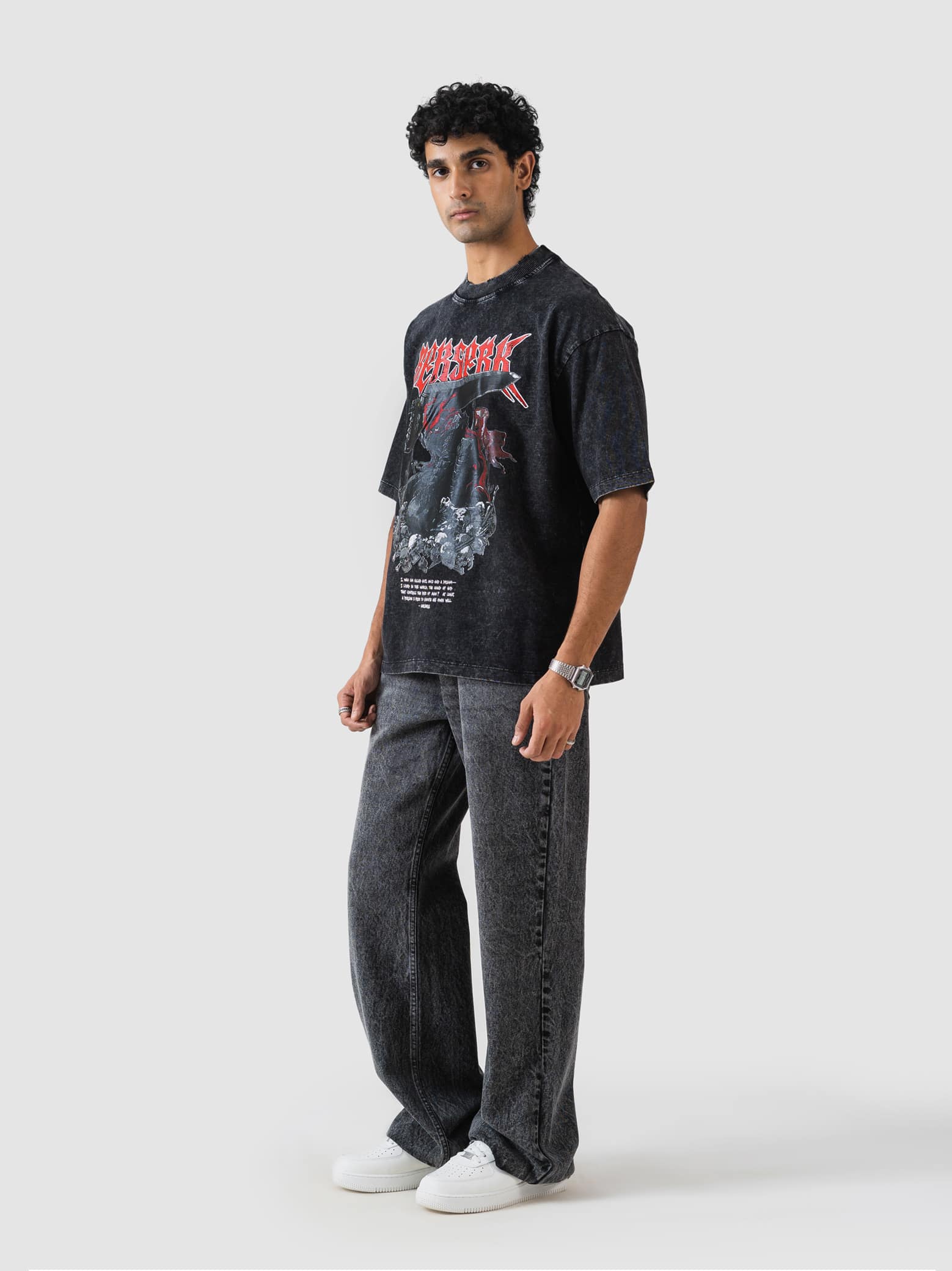 washed black oversized t-shirt from GROOVY, warrior graphic print, made in Pakistan