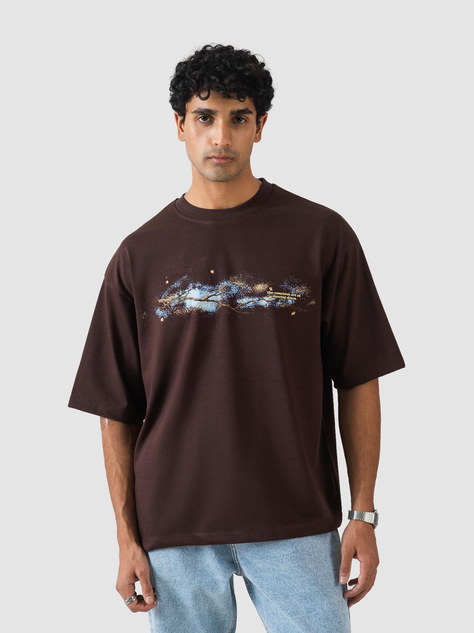 GROOVY espresso brown oversized t-shirt, nature graphic print, Pakistan