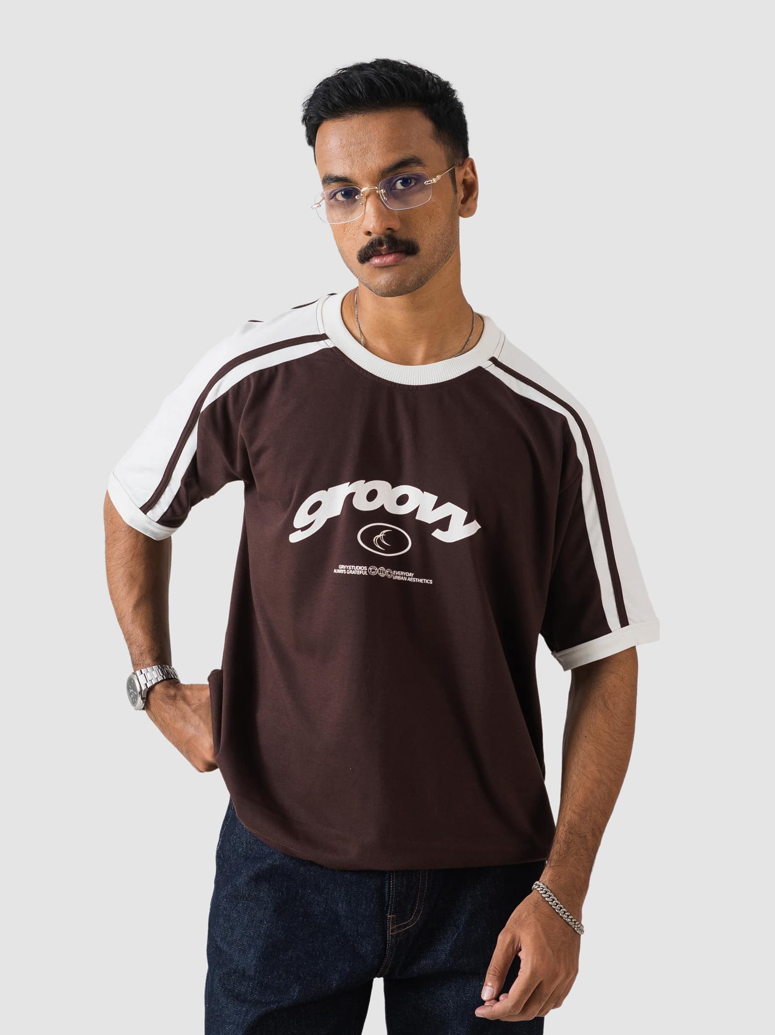 mocha brown ringer t-shirt by GROOVY, contrast trim, Pakistan