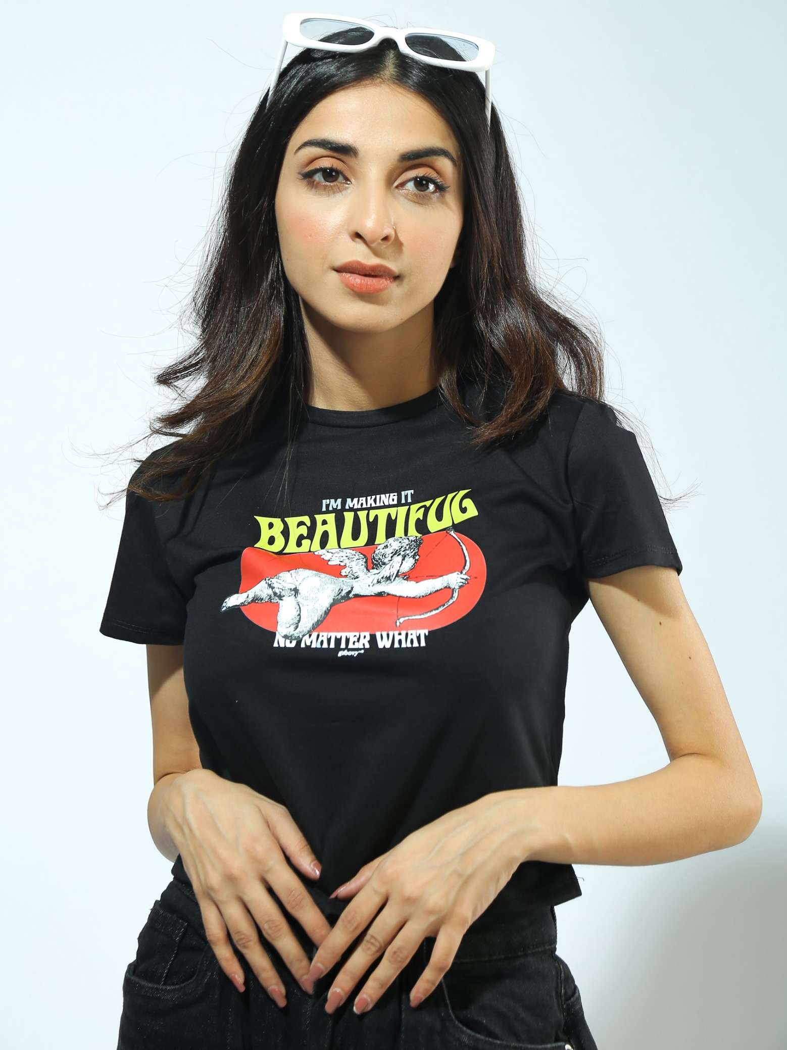 Black Baby Tee Female Model Front View – Cupid Lovestruck – GROOVY Pakistan