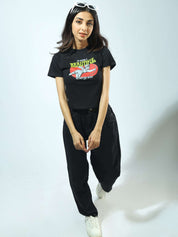 Black Cropped Baby Tee Female Model Side – Cupid Lovestruck – GROOVY Pakistan