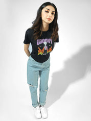 Black Baby Tee Female Model Front View – GROOVY Girl – GROOVY Pakistan