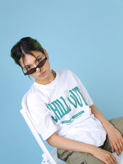 White Graphic Tee Female Model Front – Chill Out – GROOVY Pakistan
