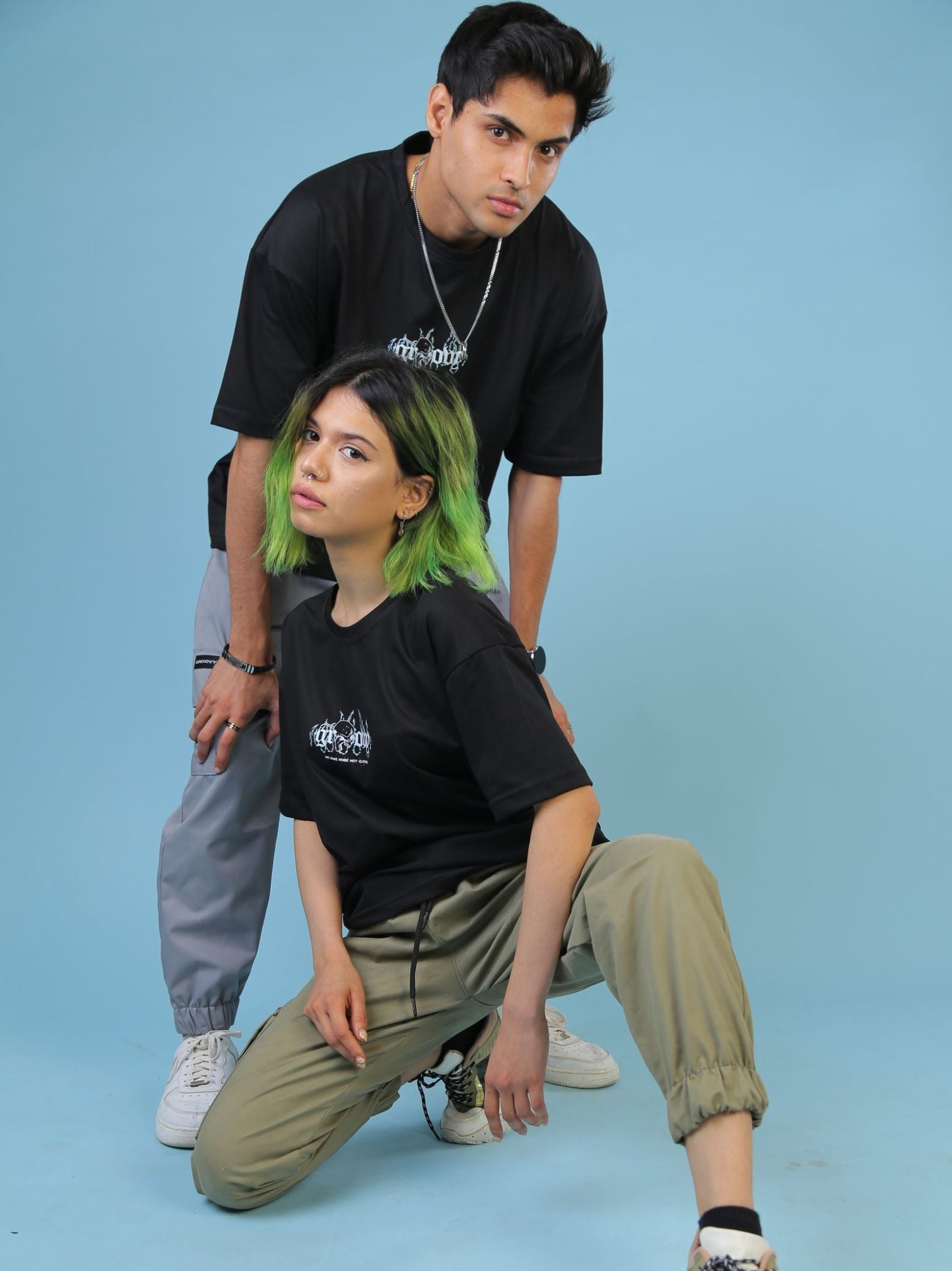 GROOVY Grunge Slogan black oversized tee male model full body front view Pakistan – GROOVY