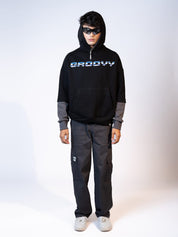Black Colorblock Hoodie Female Model Front View – GROOVY Pakistan